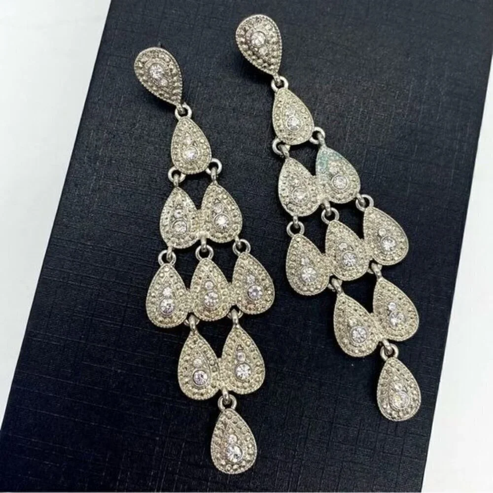 Silver Rhinestone Drop Earrings Formal Bridal Old Hollywood Glam